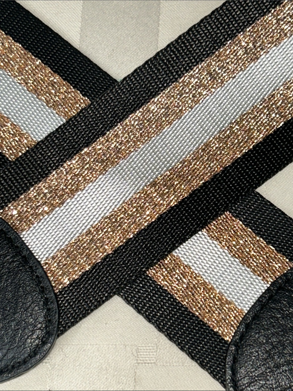 Black, White & Metallic Rose Gold Striped Adjustable Bag Strap